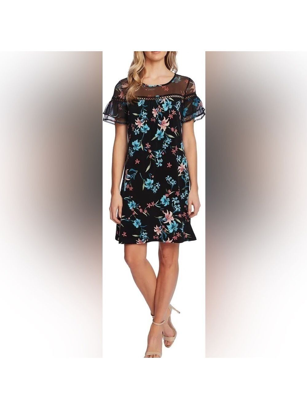CeCe Expressive Lillies Ruffle Sleeve Mixed Media Minidress NWOT - Picture 1 of 8
